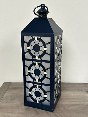 #ad 16 inch Large Rustic Farmhouse Blue Candle Lantern Modern Metal Decorative Lante $27.85