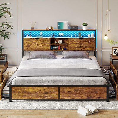 #ad Queen Size LED Bed Frame w Storage Headboard Platform Metal Bed Frame w Drawers $229.89
