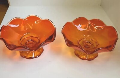#ad Vintage Viking Glass Candle Holder Persimmon Orange MCM Set of 2 $38.95