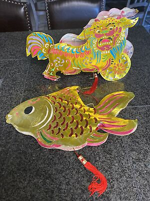 #ad Lot of 2 Vintage Chinese Fish Dragon Paper Lantern Flags Streamer $29.99