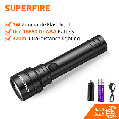 #ad SUPERFIRE Super Bright Flashlight LED Rechargeable Zoom Torch Without battery $24.98