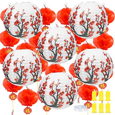 #ad 33 Pieces Chinese Japanese Paper Lanterns with Lights Cherry Flower Party D... $31.42