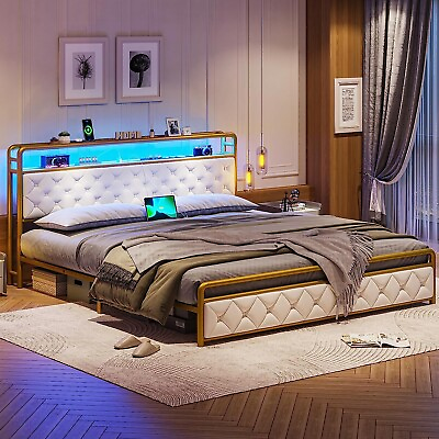 #ad King Size LED Bed Frame with Storage Headboard Upholstered Platform Bed Frame $179.89
