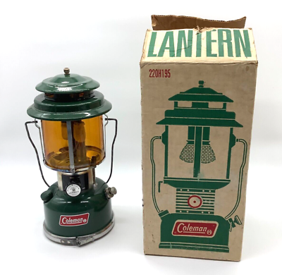 #ad Vintage COLEMAN 220H195 Lantern 1970s With Pyrex Amber Globe and Original Box $99.99