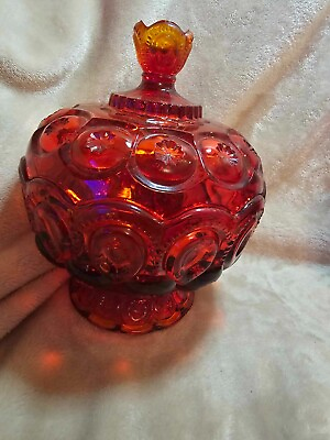 #ad Vintage L.E. Smith Moon and Stars Red Glass Lidded Compote Candy Dish 7.5quot; High $27.38