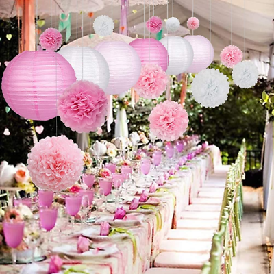 #ad 18Pcs White Pink Paper Lanterns amp; Paper Pom Poms for Weddings Birthdays Parties $31.71