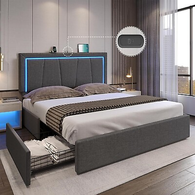 #ad Queen LED Bed Frame w Storage Drawers Modern Upholstered Platform Bed Dark Grey $209.99