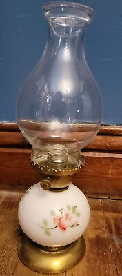 #ad ANTIQUE VTG MILK GLASS HAND PAINTED SHADE BRASS ELECTRIC OIL LANTERN LAMP GWTW $46.93