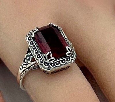 #ad DEEP RED ANTIQUE STYLE 925 STERLING SILVER SIMULATED RUBY FILIGREE RING #1328 $30.00
