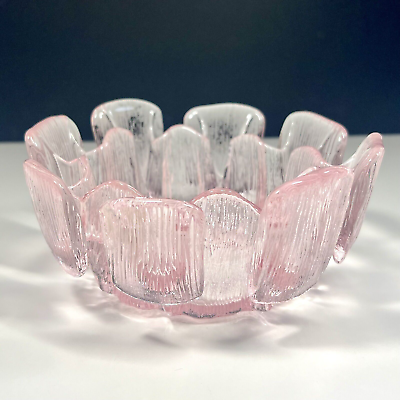 #ad Vintage Viking Glass Pink Finnish Crown Ice 6quot; Candle Holder Original Label $29.75