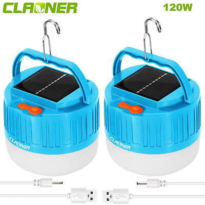 #ad 2x 120W Solar Outdoor Camping LED Light USB Rechargeable Emergency Hanging Lamp $13.99