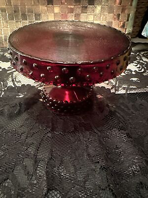 #ad Vintage LE SMITH HTF Ruby Red Glass Hobnail Pedestal Cake Stand $110.00