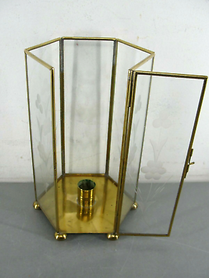 #ad BRASS ETCHED GLASS LANTERN CANDLESTICK FOOTED CANDLE HOLDER HEXAGON 8quot; TALL VTG $28.90