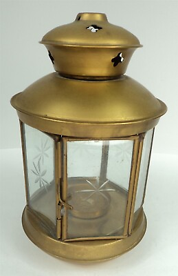 #ad Vintage Brass Lantern Tea Light Candle Holder Etched Glass Panes $13.28