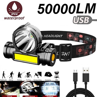 #ad Outdoor Super Bright Tactical Headlight USB Rechargeable Torch Camping Work Lamp $8.99