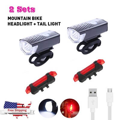 #ad 2 Sets USB LED Rechargeable Bike Headlight Taillight Night Light Cycling Bicycle $9.99