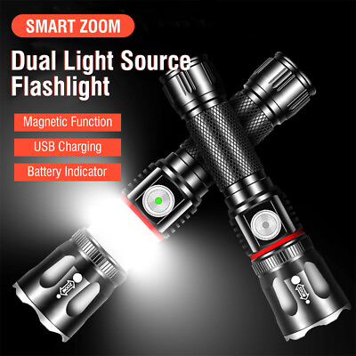 #ad BORUiT Rechargeable 800lm LED Flashlight Tactical Torch Adjustable Zoom COB LED $18.99
