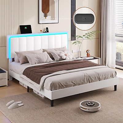 #ad LED Bed Frame Queen Size with Charging Station Modern Upholstered Platform Bed $189.89