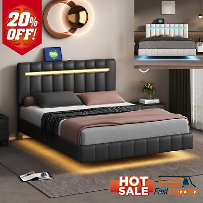 #ad Modern Queen Size Floating Bed Frame with LED and USB ChargingUpholstered Bed $259.90
