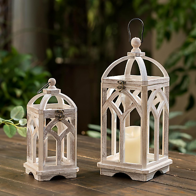 #ad #ad Farmhouse Decorative Candle Lanterns Set of 2 Indoor Rustic Wooden Candle Holde $62.59