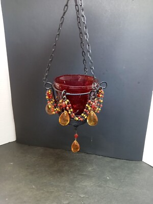 #ad ❤️ Decorative Deep Red Glass Hanging Votive Tea Light Candle Lantern Decor $21.00