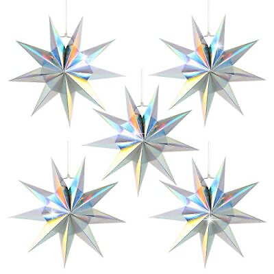 #ad 5Pack 9 Pointed Paper Star Lanterns 11.8 Inch Iridescent Hanging Paper Silver $25.44