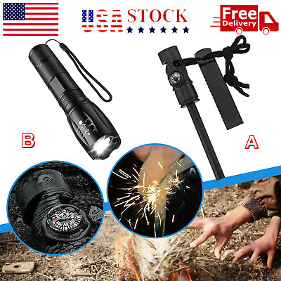 #ad Survival Fire Starter Flint Steel Striker Kit Camping Ferro Rod LED Flashlight $6.99