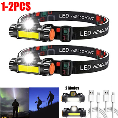 #ad 2 PCS LED Headlamp Headlight Head Light Lamp Flashlight Rechargeable USB COB USA $11.39