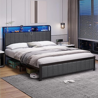 #ad Queen LED Bed Frame with Storage Headboard Upholstered Metal Platform Bed Frame $169.97