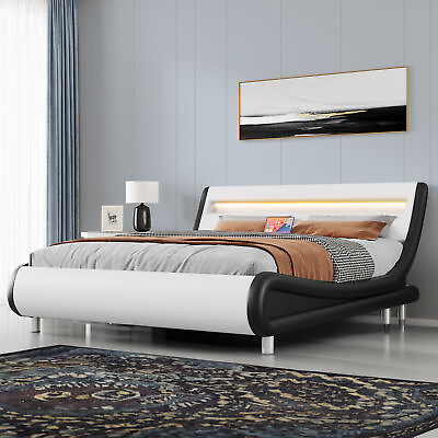 #ad Led Bed Frame Queen Size Adjustable Upholstered Platform with Charging Station $254.99