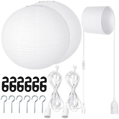 #ad 2 Sets Jumbo Round Paper Lanterns with Lamp Cord Cable White Hanging Paper La... $90.38