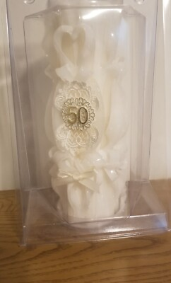 #ad VTG Wax Works Large Pillar Hand Carved Candle White Wedding 50th Anniversary $17.97