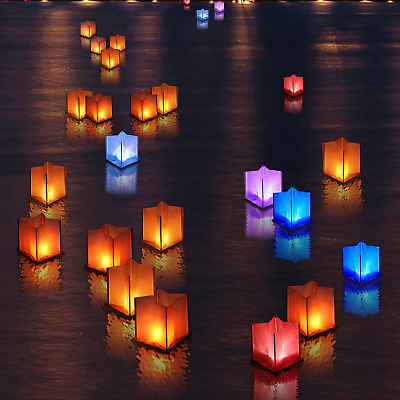 #ad 10Pack 6”Paper Floating Candle Lantern Wooden Water Lanterns with Colorful Ligh $69.99