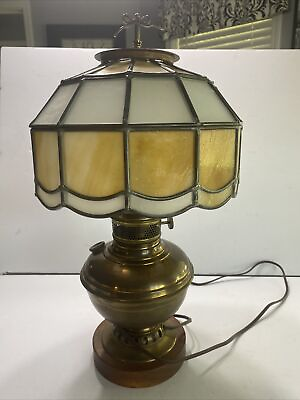#ad Vintage Brass Kerosene Lantern Lamp Electrified With Stain Glass Globe Works $89.00
