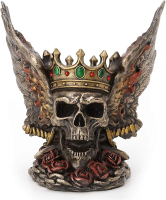 #ad 5.9 Inch Flame Wings Crossed Swords Crown Screaming Skull Monarch Antique Bronze $88.69