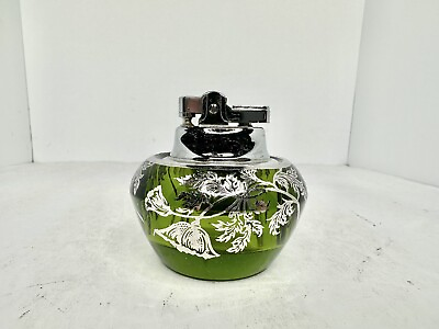 #ad HTF Vintage MCM Viking Glass Green Orb Lighter W silver City Overlay Stunning $44.99