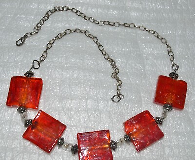 #ad Red Glass Squares on Silver Tone Necklace #jewelry #fashion #necklace $6.64