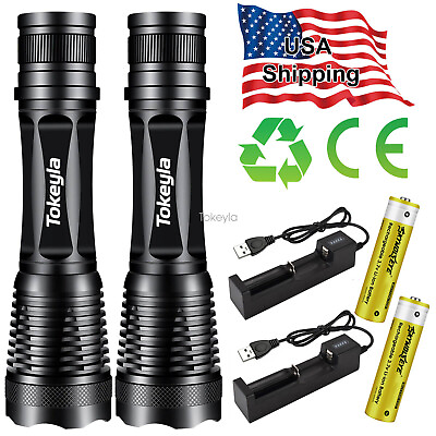 #ad 2 Pack Rechargeable 990000LM LED Flashlight Tactical Super Bright Torch Zoomable $7.99