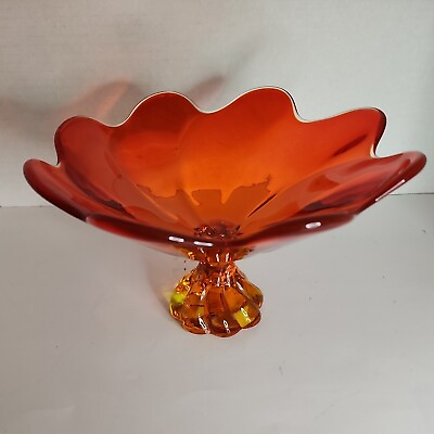 #ad Vtg Viking Glass Epic 8 Petal Swirl Footed Persimmon Compote Mid Century $39.99