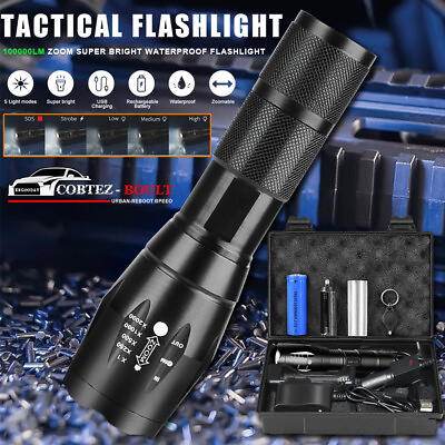 #ad 100000 Lumens Super Bright LED Tactical Flashlight Rechargeable LED Work Light $19.99