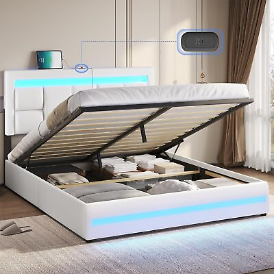 #ad Full Queen Lift Up LED Bed Frame with Storage Upholstered Platform Bed White $289.89