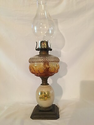 #ad Vintage Oil Lamp Lantern with Decorative Painted Glass on Metal Base $39.00