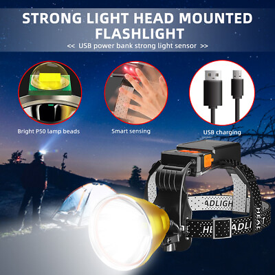 #ad Strong Light Head Mounted Flashlight Outdoor Home Night Fishing USB Charging $10.94