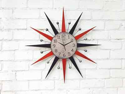 #ad 30quot; Red and Black Atomic Wall Clock Starburst Clock George Nelson Style 1970s $190.00