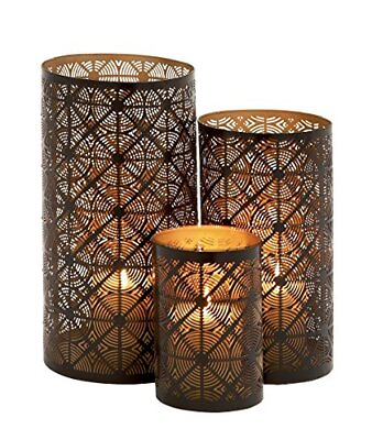 #ad Deco 79 Metal Geometric Pillar Candle Lantern Set of 3 12quot; 10quot; 6quot;H Dark Brown $45.68