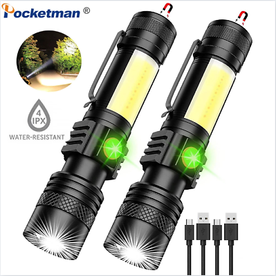 #ad 50000LMCOB LED Zoomable Flashlight USB Rechargeable Torch with Magnetic Base*2 $17.89