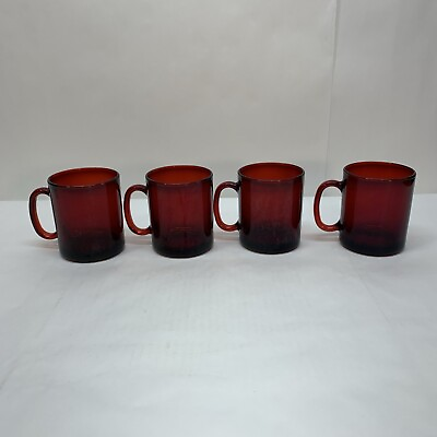 #ad Vintage Arcoroc France Ruby Red Glass Coffee Mugs Cups With Handles Set Of 4 $30.55
