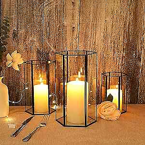 #ad Glass Hurricane Candle Holder Set of 3 Large Clear Hexagon Lanterns Black $49.98