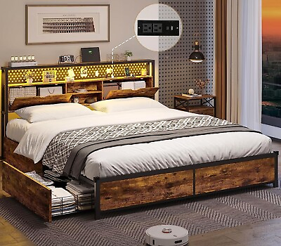 #ad Full LED Bed Frame with Storage Headboard Metal Platform Bed Frame with Drawers $219.97