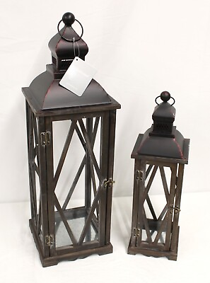 #ad 2pc Set Decorative Hanging Wood Farmhouse Lanterns Candle Holder 29quot; amp; 20quot; Tall $44.95